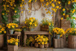 full of yellow flowers in jute baskets, wooden accessories, wooden boxes, brown wooden table against the wall, floral garlands of yellow flowers