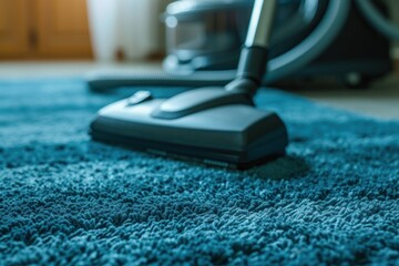 Wall Mural - Person using vacuum cleaner to clean carpet in close up