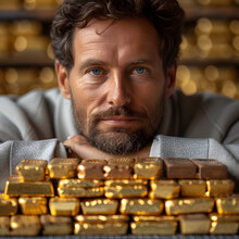 A Swiss Banker Looking At A Bar Graph Made Of Actual Bars Of Gold, Silver, And Bronze Isolated On White Background, Space For Captions, Png
