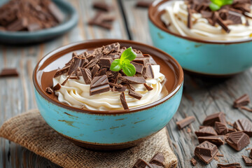 Canvas Print - Trio of tasty chocolate vanilla dessert in a blue bowl