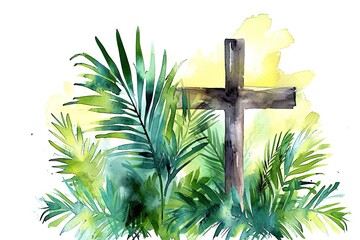 Palm Sunday Watercolor background with Cross Amidst Colorful Backdrop