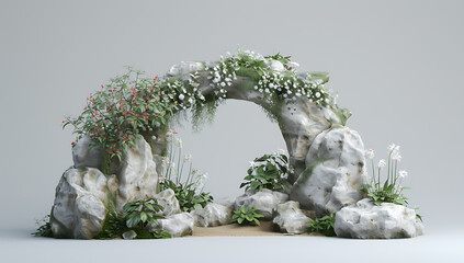 a stone arch with plants and flowers sits on top of r