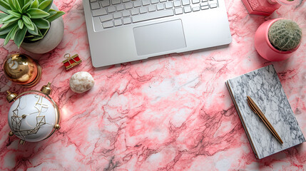 Poster - Top view Mock up : Pink marble modern work space desk table with desktop computer and office supplies. Copy space for text or products montage.Generative AI