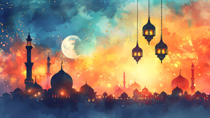 Wall Mural - Mosque and Arabic lanterns under the moon in a watercolor illustration, Ramadan