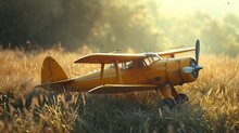 A Stunning Yellow Vintage Biplane Sits Gracefully In A Golden Field, Illuminated By The First Light Of Sunrise, Capturing A Moment Frozen In Time.