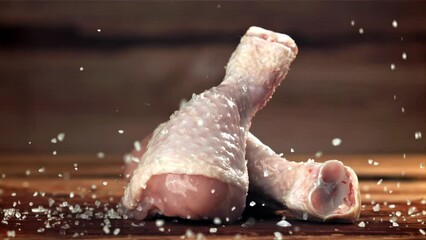 Sticker - Sprinkle salt on the chicken legs. Filmed on a high-speed camera at 1000 fps. High quality FullHD footage