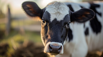 Cows herd on a grass field during the summer at sunset. A cow is looking at the camera sun rays are piercing behind her horns. Black and white cows in a grassy field on a bright and sunny day. 