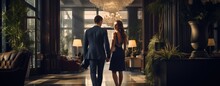 Young couple in formal clothes walking on luxury lounge hotel at evening. AI generated image