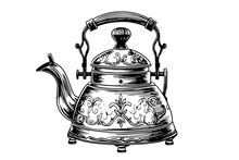 Retro Kettle Hand Drawn Ink Sketch. Engraved Style Vector Illustration.