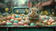 Cute Bunny Rides In A Retro Truck That Carries Colored Eggs To The Easter, Holiday Concept