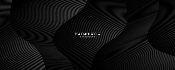 Wall Mural - 3d black geometric abstract background overlap layer on dark space with waves lines decoration. mini