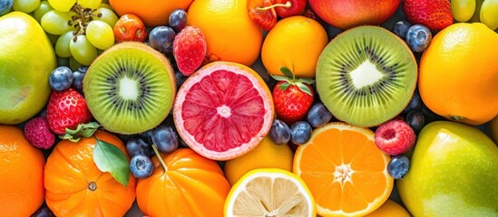 Wall Mural - Fresh ripe colorful fruits assorted with rich vitamin nutrition healthy food for background.