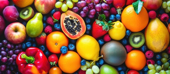 Wall Mural - Fresh ripe colorful fruits assorted with rich vitamin nutrition healthy food for background.