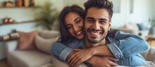 Happy Couple Mid Adult Indian Man Hug Her Latin Woman At Living Room. AI Generated Image