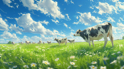 Cows herd on a grass field during the summer at sunset. A cow is looking at the camera sun rays are piercing behind her horns. Black and white cows in a grassy field on a bright and sunny day. 