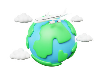 Airline fly worldwide earth clouds logistics transportation travel tourism plane trip planning world tour. leisure touring holiday summer vacation concept. on isolated. 3d render illustration