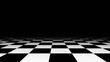 3d abstract black and white checkered board background. Chess tiles black glow blur.