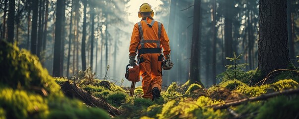 Shot of lumberjack who goes through amazing forest holding chainsaw wearing orange suit and safety helmet.