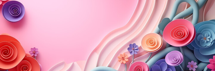 Wall Mural - Abstract colorful floral paper artwork banner. Panoramic web header with copy space. Wide screen wallpaper