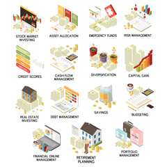 Wall Mural - financial management isometric icons set with personal finances symbols isolated vector illustration