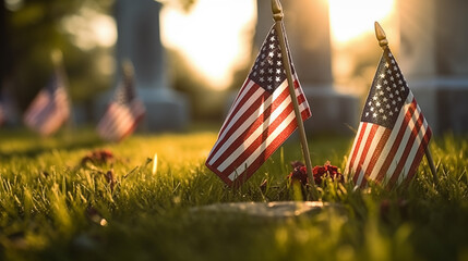 Wall Mural - 16:9 or 9:16 The USA flag is placed in front of the grave of soldiers who died in the war on Memorial Day or Victory Day