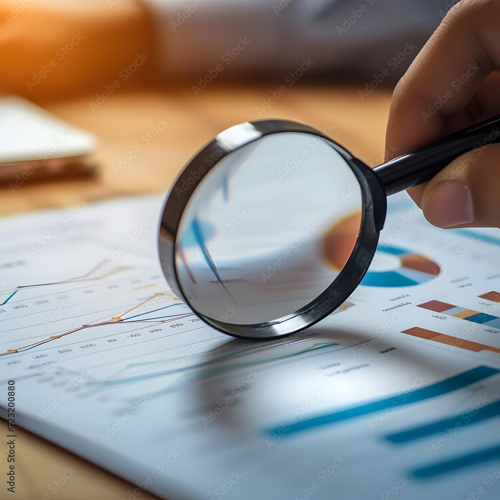 Close-up shot of a hand holding a magnifying glass over a document on portfolio management, highlighting the analytical process, planning steps, and business development concepts.