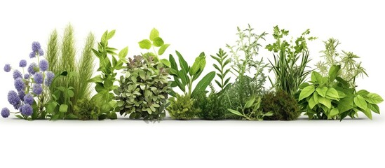 rosemary, mint, lavender, sage and thyme collection. creative banner with fresh herbs bunch on white