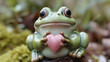 little cute ceramic green frog holding a pink glass heart in its paws, love, valentine's day, february 14, card, romance, pet, toad, animal, figurine, character, illustration