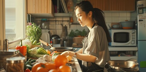 A woman is joyfully preparing a variety of fresh vegetables for a healthy meal in a sunlit, homely kitchen setting.