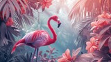 Fototapeta  - Majestic Flamingo Amidst Tropical Foliage in a Serene Sunset Glow