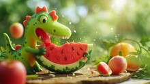 Watermelon Sculpture Of Dinosaur Eating A Piece Of Watermelon