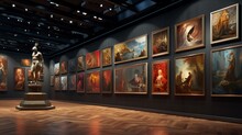 A Virtual Gallery With 3D Sculptures Surrounded By 2D Oil Paintings On The Walls