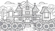 Coloring Book For Children Village House With Sunflowers. Landscape.Coloring Book Antistress For Children And Adults. Illustration Isolated On White Background.Zen-tangle Style. Hand Draw