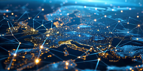 Wall Mural - abstract digital map of western europe, concept of european global network and connectivity, data tr