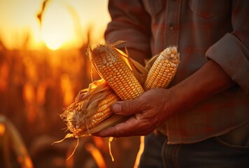 Wall Mural - A farmer's weathered hand holding a freshly harvested ear of corn in the field.