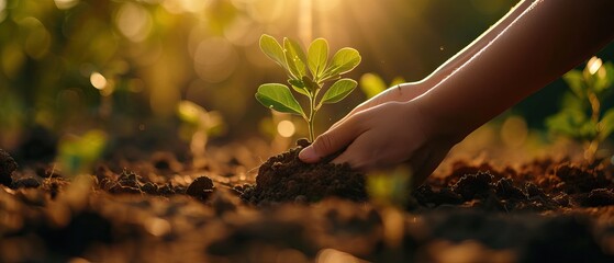 Wall Mural - Human hands planting sprouts of tomatos in greenhouse. Concept of farming and planting. AI generated illustration