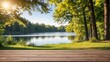 Empty wooden table in the blurred lake backdrop . Product display ideas