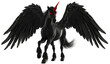 A black pegasus with glowing evil looking red eyes and dark angel wings and a demonic unicorn horn isolated on a transparent background