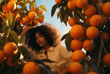 Wall Mural - Amidst the orange trees in the garden, a happy woman smiles brightly as she picks fresh oranges.