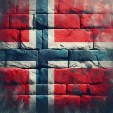 Norway Flag Overlay On Old Granite Brick And Cement Wall Texture For Background Use