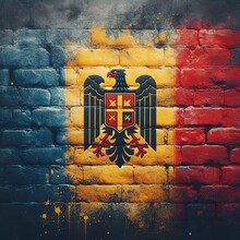 Romania Flag Overlay On Old Granite Brick And Cement Wall Texture For Background Use