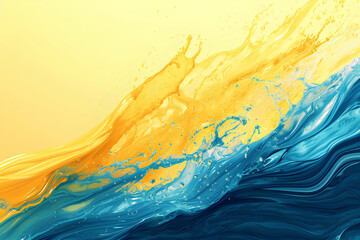 Wall Mural - Abstract ocean wave texture with blue and yellow happy splashes, creating a modern and trendy sunset or sunrise water wave banner. A vibrant graphic resource for ocean wave abstract art backgrounds.