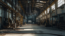 A Closed-down Factory With Old Assembly Lines And Hanging Wires.