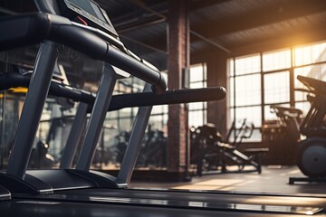 Sticker - A row of treadmills in a gym. Perfect for fitness and exercise-related designs