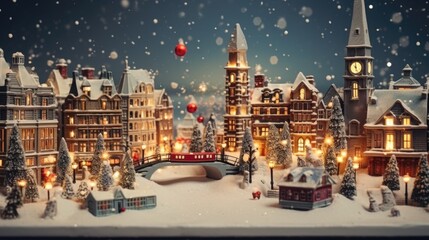 Poster - A charming Christmas village with a central clock tower. Perfect for holiday-themed designs and festive promotions