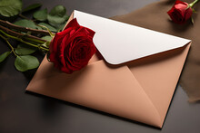 Red Rose And Envelope With Copy Space, Mockup