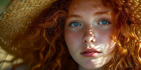 Poster - Close-up portrait of a young woman with red curly hair. sunlight casting shadows. ideal for lifestyle marketing. AI