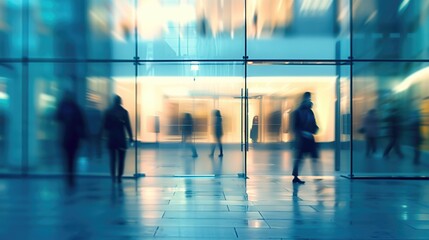 Wall Mural - Silhouettes of people walking briskly in an urban glass building during a vibrant sunset.