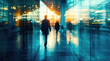 Wall Mural - Silhouettes of people walking briskly in an urban glass building during a vibrant sunset.