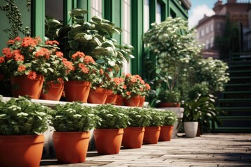 Poster - Potted plants arranged in a row on the side of a building. Ideal for adding a touch of greenery to urban environments